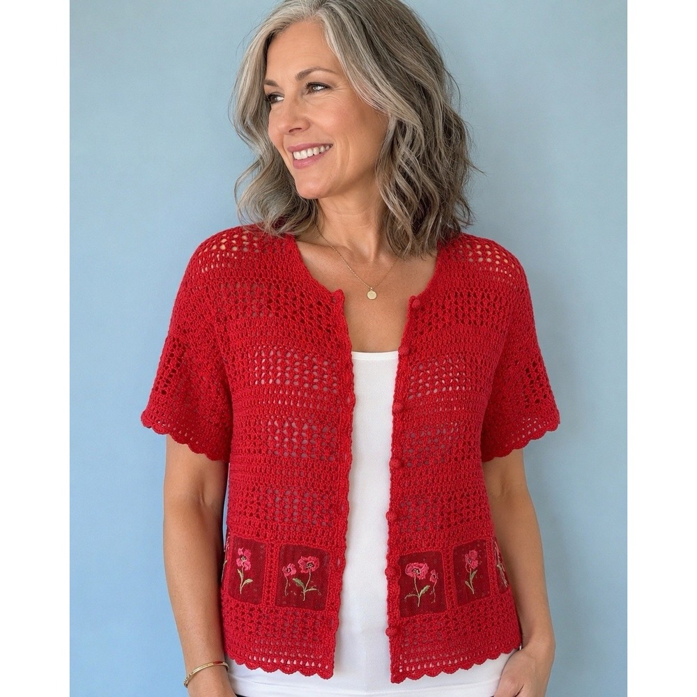 Vintage Teddi Red Crochet Cardigan Sweater M Floral Embroirdered Boho Cottage